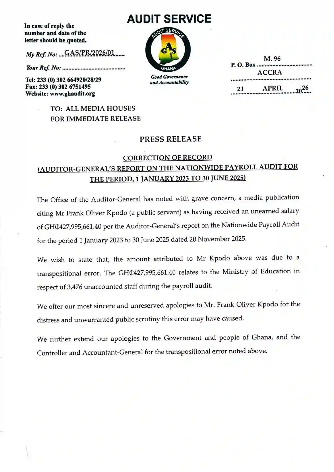 Auditor-General Corrects Payroll Audit Error After Misattributing GH¢428 Million